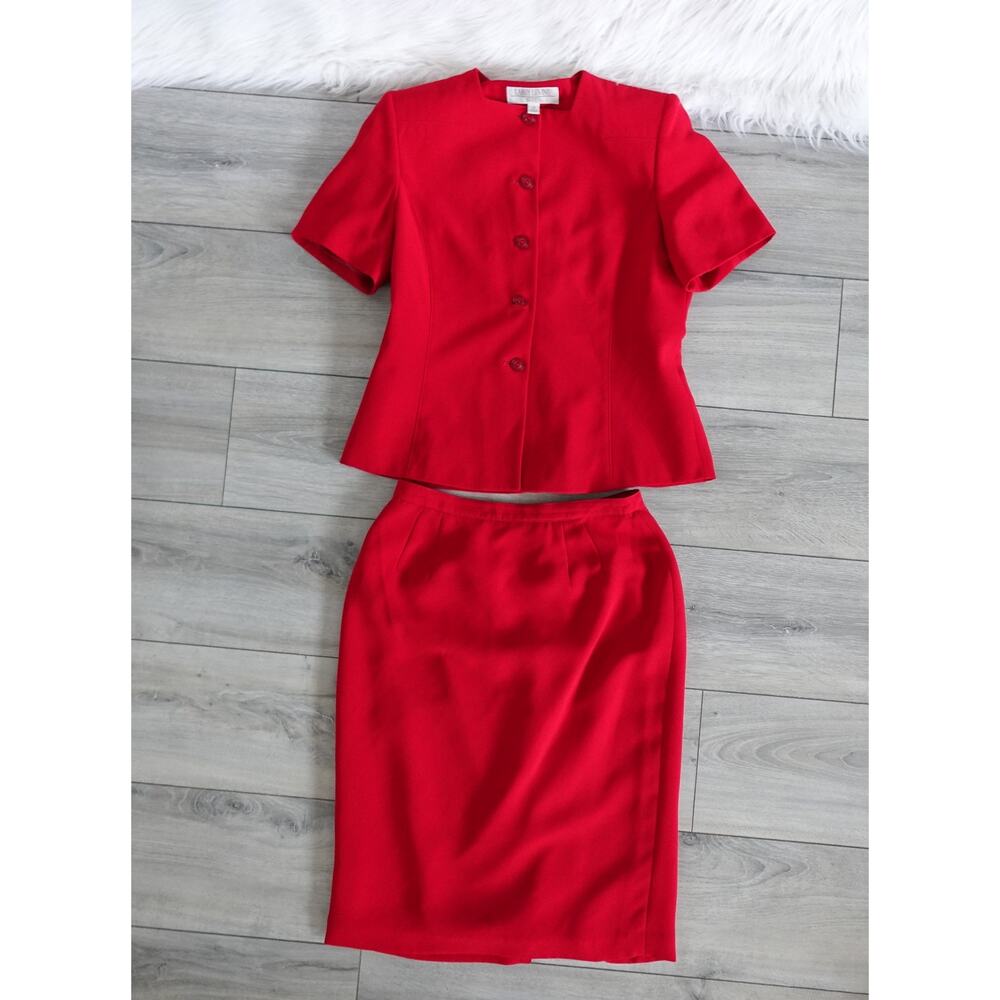 Vintage Retro 80s 90s Larry Levine Red Short Sleeve Skirt Blouse Suit Set 10